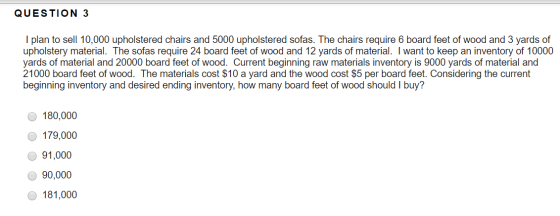 QUESTION 3 as request of Wost $100 I plan to sell 10,000 upholstered chairs and 5000 upholstered sofas. The chairs require 6