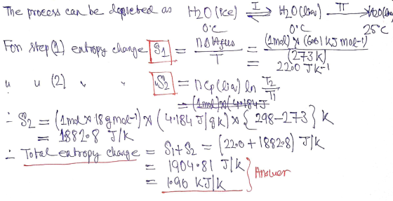 orc 250 no Afus The process can be doppleted as H2O lice) I H2O(low) II Thollon Imal) (6061 kJ mor-1] Fon step (2) entropy ch
