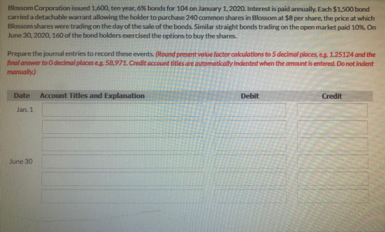 Blossom Corporation issued 1,600, ten year, 6% bonds for 104 on January 1, 2020. Interest is paid annually. Each $1,500 bond