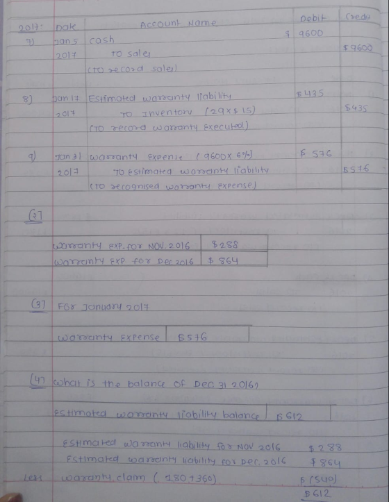 DakAccount Name panscash 2011 TO sale 9600 TO Sa $ 9600 lcto recod sale 20E -20は 10 estimated wocnty liabihty 4 cohct is the balance of De 31 20162 estimatca worcny liability balance s Gi2 Estimated to a radnH liability fo. Der, 2016 864 D S12