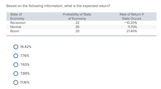 Based on the following information, what is the expected return? State of Economy Recession Normal Boom Probability of State of Economy .32 35 .33 Rate of Return if State Occurs -10.20% 11.70% 21.40% О 14.42% 0 776% 7.63% o 789% О 11.16%