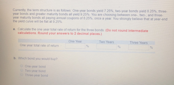 Currently, the term structure is as follows: One-year bonds yield 7.25%, two-year bonds yield 8.25%, three- year bonds and gr
