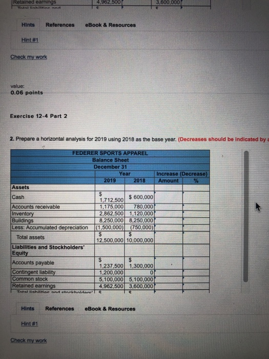 Retained earnings 4,962,500 3,600,000 Hints References eBook & Resources Hint#1 Check my work value: 0.06 points Exercise 12-4 Part 2 2. Prepare a horizontal analysis for 2019 using 2018 as the base year. (Decreases should be indicated by a FEDERER SPORTS APPAREL Balance Sheet December 31 Year Increase (Decrease) 2019 2018 | Amount| % Assets 1.712500 $ 600,000 1,175,000 780,000 2,862,5001,120,000 8,250,000 8,250,000 Cash Inventory Buildi Less: Accumulated depreciation (1,500,000) (750,000 Total assets Liabilities and Stockholders Equity Accounts payable 12,500,000 10,000,000 1,237,500 1,300,000 1,200,000 5,100,000 5,100,000 4,962,500 3,600,000 ent liabl Common stock Retained earnings Hints References eBook & Resources Hint#1 Check my work