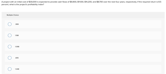 A project with an initial cost of $30,000 is expected to provide cash flows of $9,900, $11,100, $14,200, and $8,700 over the