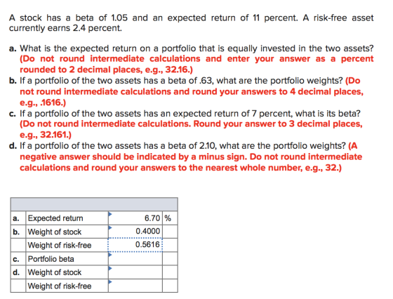 A stock has a beta of 1.05 and an expected return of 11 percent. A risk-free asset currently earns 2.4 percent. a. What is th