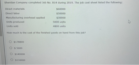 Sheridan Company completed Job No. B14 during 2019. The job cost sheet listed the following: Direct materials Direct labor Ma