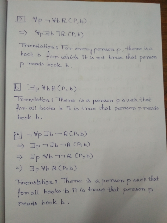 Vp - Vb R. CP, b) =) Vpb TR CPL) Translations for every person po book b for which it is not true that P neads book b. every