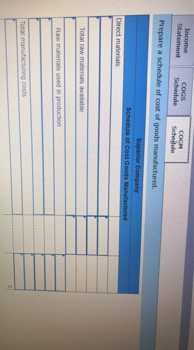 Income Statement COGS Schedule COGM Schedule Prepare a schedule of cost of goods manufactured. Superior Company Schedule of C