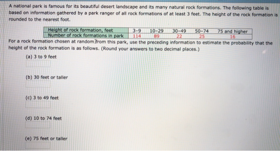 A national park is famous for its beautiful desert landscape and its many natural rock formations. The following table is bas