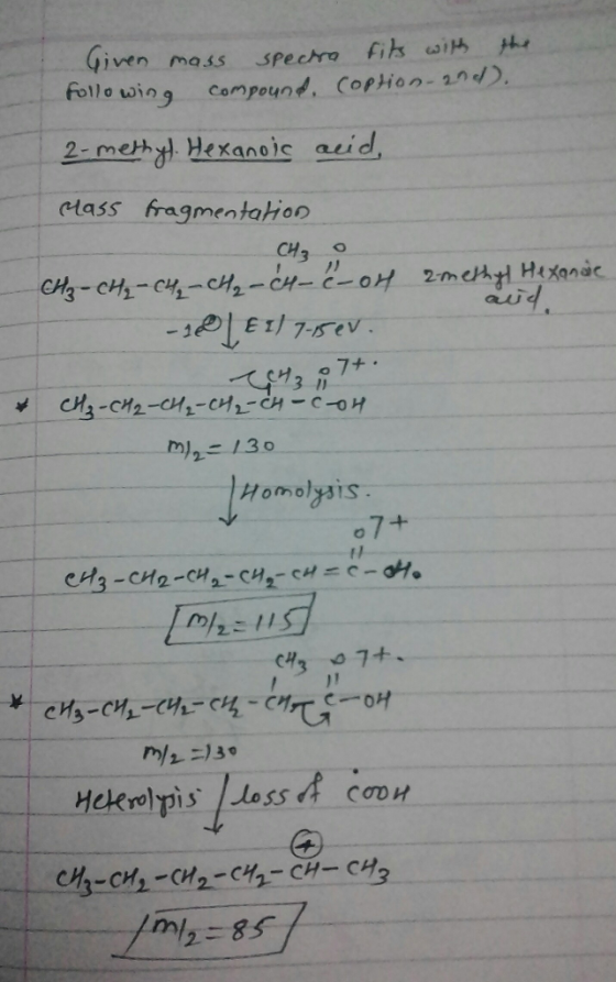 Given mass specho Fis si folle win g compeund. Copion-/). lass fragmentation au 13o Homolysis