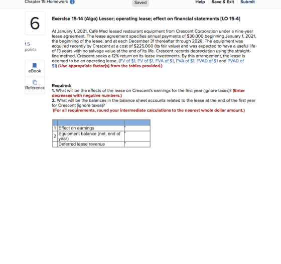 Chapter 15 Homework i Saved Help Save & Exit Submit Exercise 15-14 (Algo) Lessor; operating lease; effect on financial statem