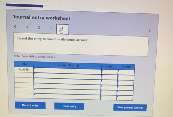 Journal entry worksheet < 1 2 3 Record the entry to close the dividends account. Note: Enter debits before credits. Date Gene