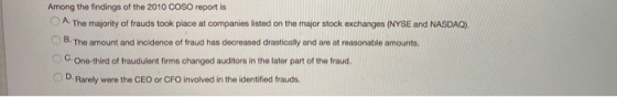 Among the findings of the 2010 COSO report is A The majority of frauds took place at companies listed on the major stock exch
