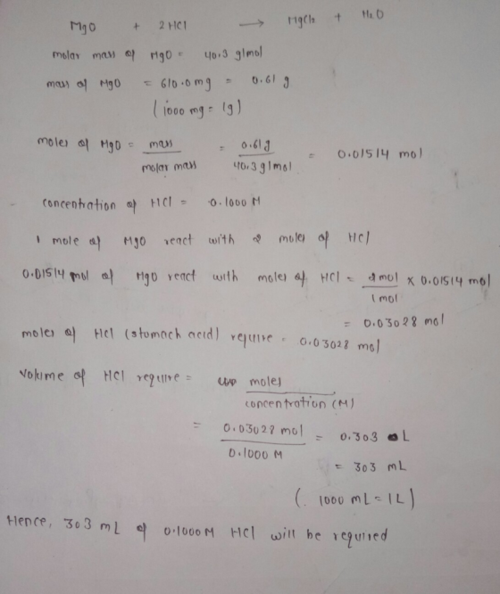 + H2O MgO + 2H01 - MgCl2 molar man of Mgo 40,3 g/mol mas of Mgo = 610.0mg = 0.61 g (1000 mg: 1g) moles of Mgo = man - 0.619 m