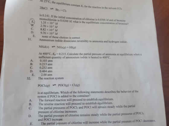 At 25°C, the equilibrium constant K for the reaction in the solven 2BrCl = Br2 + Cl2 is 0.141. If the initial concentration o
