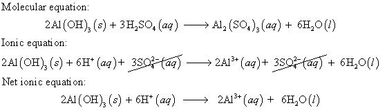 Molecular equation Al, (SO,) (a) 2A1 (OH) s)3H,SO, (aq) Ionic equation 6H2O() 2A13 (aq)+3SOHag) 6H20() 2A1 (OH), (s)6H (aq) 3