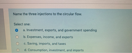 Name the three injections to the circular flow. Select one: O a. Investment, exports, and government spending O b. Expenses,