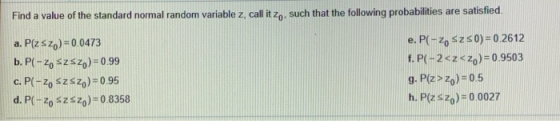 Find a value of the standard normal random variable z, call it zo such that the following probabilities are satisfied. a. P(z