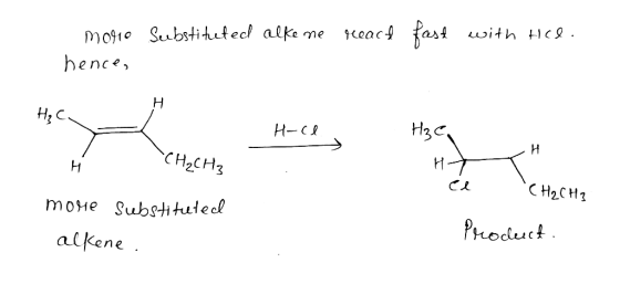 m0910 Seebstiheted alke me react fast with Hce. hence, H₂ a Н-СИ H3C 1 CH₂ CH2 HT H el CH₂ CH3 mone Substituted alkene. Prod