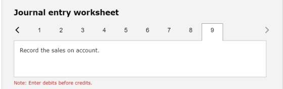 Journal entry worksheet < 1 2 3 4 5 6 7 8 9 Record the sales on account. Note: Enter debits before credits.