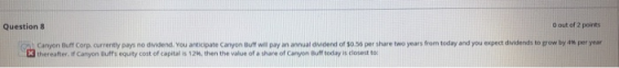 0 out of 2 points Question 8 Canyon Buff Corp currently pays no dvidend. You anticipate Canyon Buff will pay an annual diMden