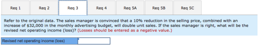 Req 1 Req 2 Req3 Req 4 Req 5A Req 5B Req 5C Refer to the original data. The sales manager is convinced that a 10% reduction i