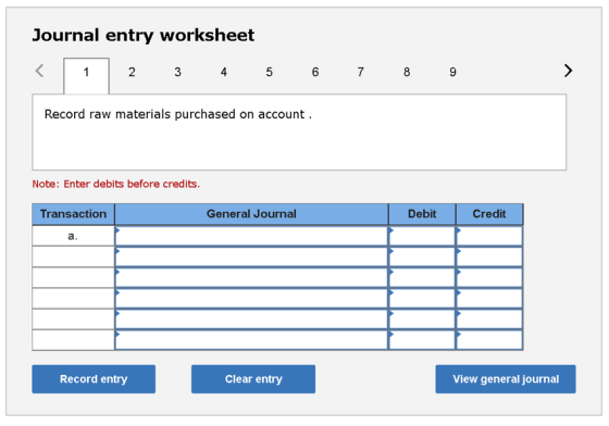 Journal entry worksheet 2 3 4 5 6 7 8 9 Record raw materials purchased on account. Note: Enter debits before credits. Transac