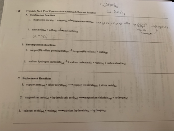 CuCu) Translate Each Word Equation Into a Balanced Chemical Equation A. Combination Reactions 1. magnesium metale)+ oxygene m