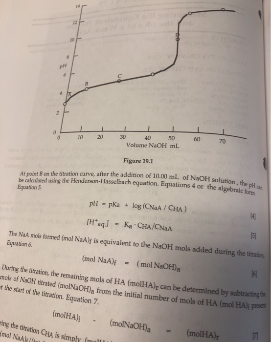 0 10 20 30 40 50 Volume NaOH mL 60 70 Figure 19.1 At point B on the titration curve, after the addition of 10.00 mL of NaOH 1