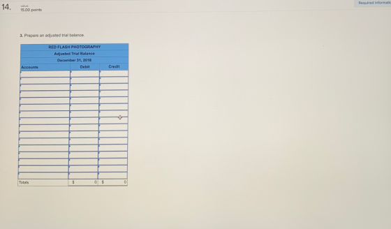 Required informatic 15.00 points 3. Prepare an adjusted trial balance RED FLASH PHOTOGRAPHY Adjusted Trial Balance December 31, 2018 counts Debit Credit Totals