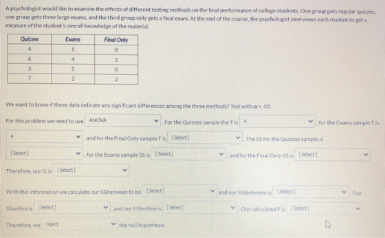 A psychologist would like to examine the effects of different testing methods on the final performance of college students. O