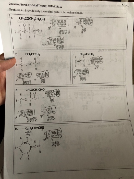 Covalent Bond &Orbital Theory, CHEM 2211L Problem 4: Provide only the orbital picture for each molecule. Hipnios a. 1 1 SPV 1