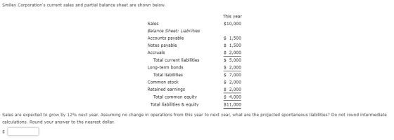 Smiley Corporations current sales and partial balance sheet are shown below. This year $10,000 Sales Balance Sheet: Liabilit