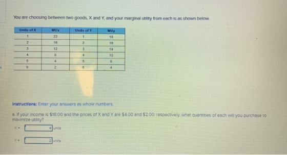 You are choosing between two goods, X and Y, and your marginal utility from each is as shown below. Units of X MUK Units of Y