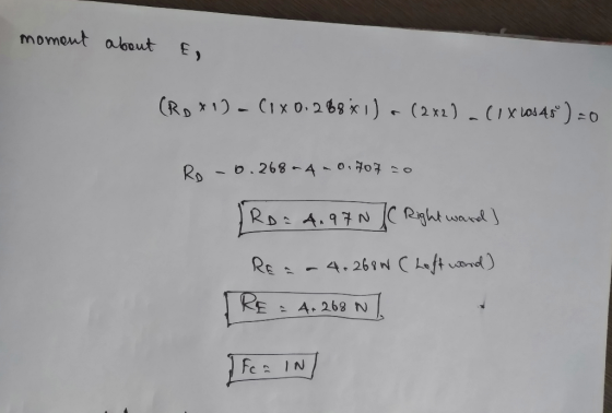moment about E. (Ro*1) - (1X0.288*1) - (2x2).(x los 45°) =0 R - 6,268 -4 - 070% so Road.97N JC Right ward] Rear 4.268w C Loft