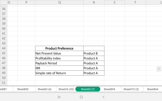 P. R S T 36 37 38 39 40 41 42 43 44 45 46 Product Preference Net Present Value Profitability index Payback Period IRR Simple