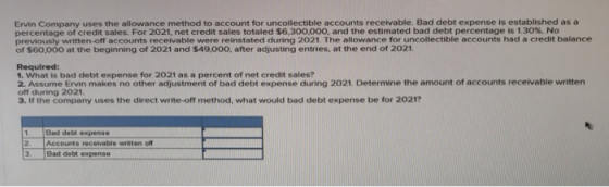Ervin Company uses the allowance method to account for uncollectible accounts receivable. Bad debt expense is established as