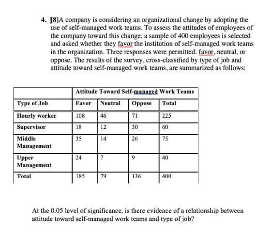 4. [8]A company is considering an organizational change by adopting the use of self-managed work teams. To assess the attitud