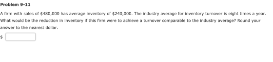 Problem 9-11 A firm with sales of $480,000 has average inventory of $240,000. The industry average for inventory turnover is