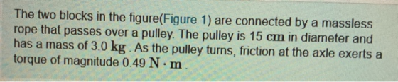 The two blocks in the figure(Figure 1) are connected by a massless rope that passes over a pulley. The pulley is 15 cm in dia