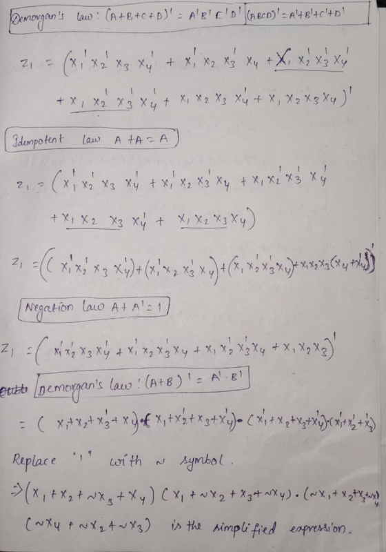 bemorgans law : (A+B+C+D) Alpic!! (ABCD]!= A+8!+c+D! +x, X2 X3 x yt x, X2 X₃ xy + x, X2 X 3 Xy) Idempotent Law A TAZA) 2