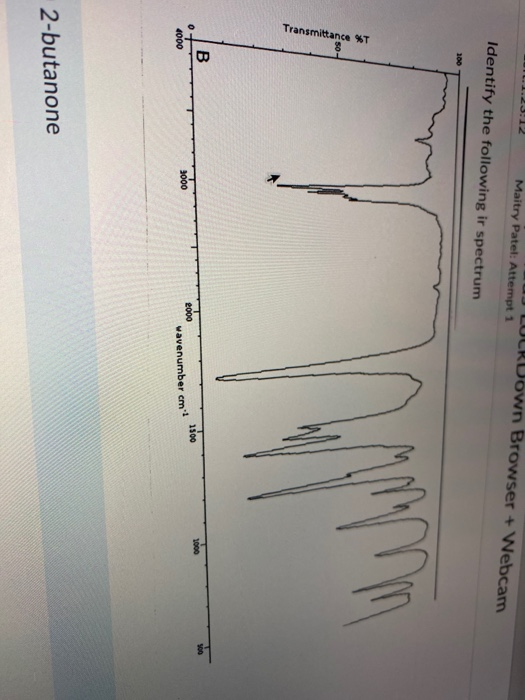 1.23:12 LUCRDown Browser + Webcam Maitry Patel: Attempt 1 Identify the following ir spectrum 100 Transmittance %T B 1000 2000