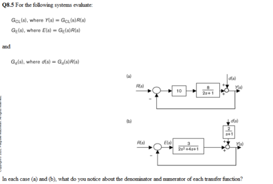 Q8.5 For the following systems evaluate: GCL(s), where Y(s)-GCL(s)R(s) GE(s), where E(s)- GE(s)R(s) and Gd(s), where d(s) = Gd(s)R(s) d(s) Rfs) 8 dis) 2 s+1 R(s) E(s) In each case (a) and (b), what do you notice about the denominator and numerator of each transfer function?