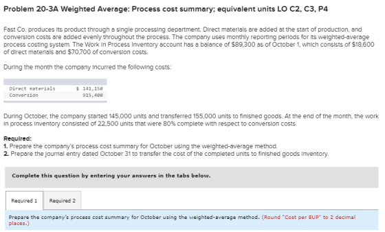 Problem 20-3A Weighted Average: Process cost summary; equivalent units LO C2, C3, P4 Fast Co. produces its product through a