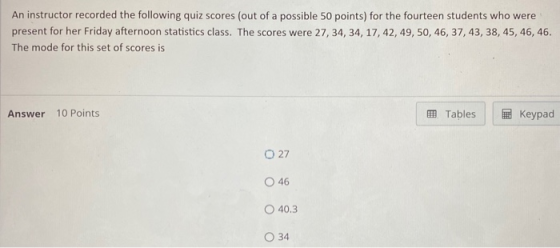 An instructor recorded the following quiz scores (out of a possible 50 points) for the fourteen students who were present for