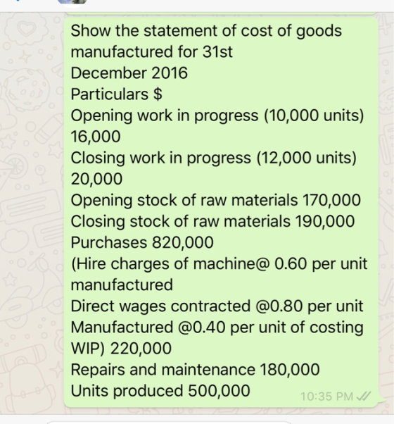 Show the statement of cost of goods manufactured for 31st December 2016 Particulars $ Opening work in progress (10,000 units)