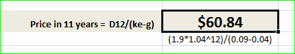 Price in 11 years = D12/(ke-g) $60.84 (1.9*1.04^12)/(0.09-0.04)