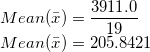 3911.0 Mean(a)= 19 Mean() = 205.8421