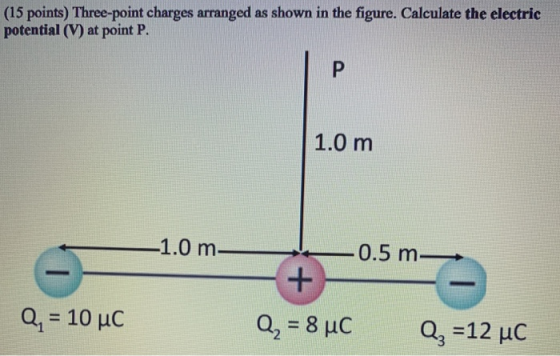 (15 points) Three-point charges arranged as shown in the figure. Calculate the electric potential (V) at point P. Р 1.0 m -1.