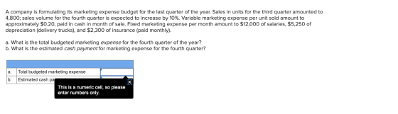 A company is formulating its marketing expense budget for the last quarter of the year. Sales in units for the third quarter